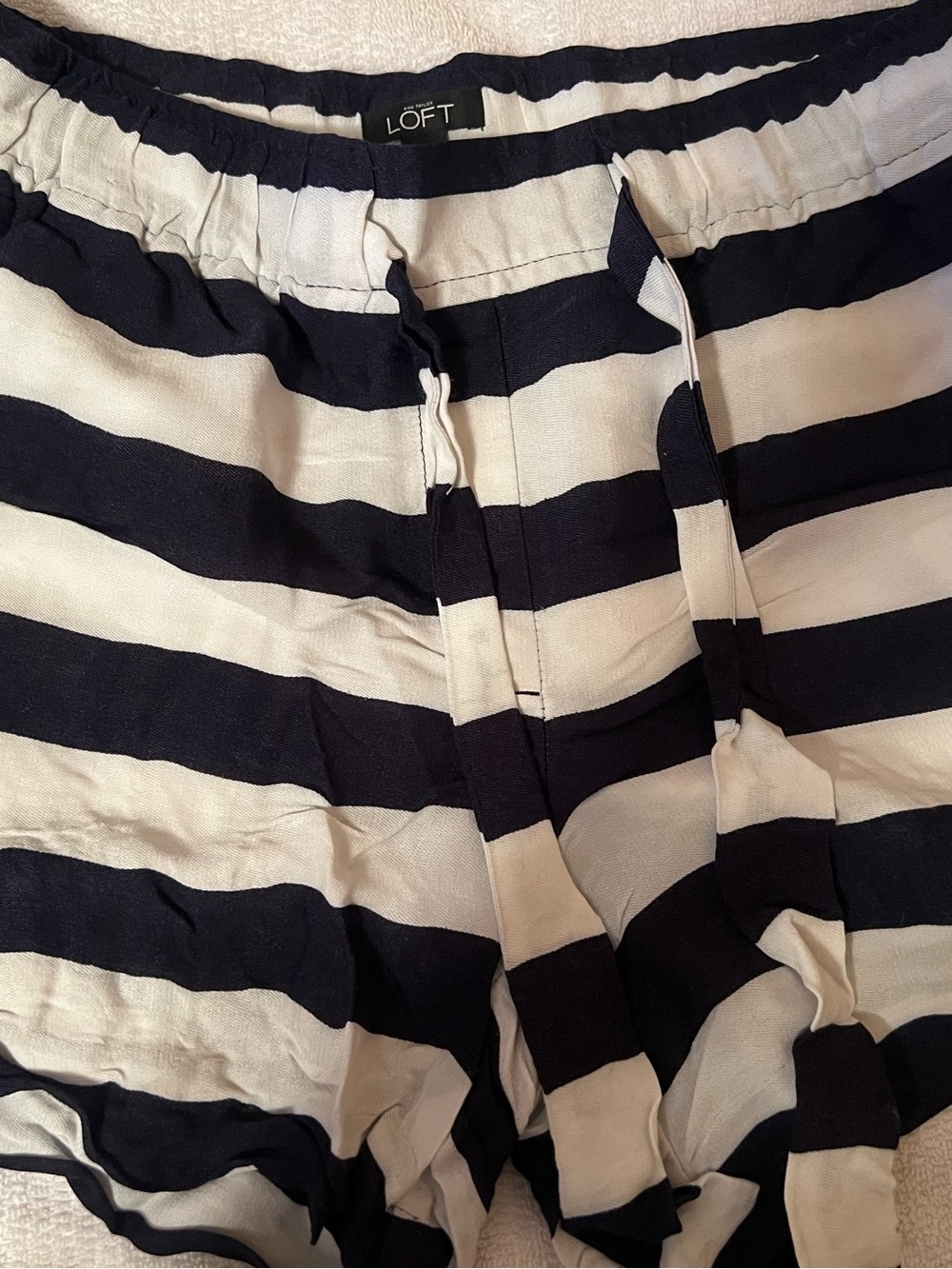 LOFT Navy and White Striped Drawstring Shorts